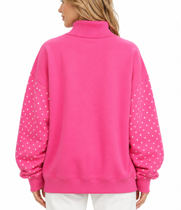 Rosa Rollkragen-Sweatshirt für Damen, Oversize mit Laternenärmeln, Gepunktet mit Individuellem Buchstabendruck, Gestrickt aus Baumwolle, Herbst-Freizeitkleidung - Product Image 6