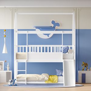 Letto a Castello Convertibile con Scivolo e Scaletta, Letto a Terra Singolo Sopra Singolo con Ringhiera di Sicurezza, Letti per Bambini - Product Image 1