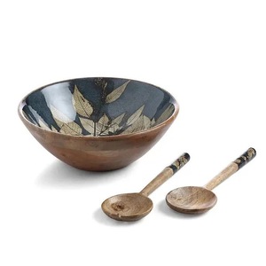 Ensemble de vaisselle décoratif en bois avec bol à salade, couverts en acier, cuillères à salade, ustensiles de cuisine et bols à fruits en bois - Product Image 5