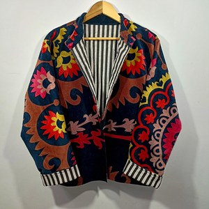 Robe longue bohème en velours à fleurs, faite à la main, à col ouvert, imprimée, 100% coton, unisexe, manches longues - Product Image 1
