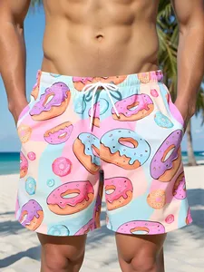 Shorts de Playa para Hombre con Estampado de Donuts, Secado Rápido, Diseño de Dibujos Animados, Cintura Media, Cordón Ajustable y Bolsillos - Product Image 1