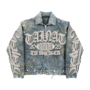 Streetwear Custom Patch Embroidery logo Men's Distressed Vintage Wash <b>Rhinestone</b> Canvas Denim <b>Jacket</b> and Shorts for Man - Product Image 5