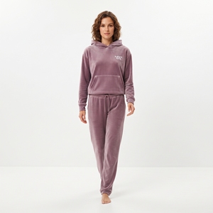 High Quality Women's Velvet Two Piece Hooded Pullover and Pants Set Solid Color Casual Winter <b>Velour</b> Sweatsuit - Product Image 3