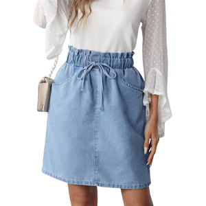 Mini-jupe en jean bleu clair pour femme, 100 % coton, taille haute, cordon de serrage, taille élastique, décontractée, avec poches, pour l'été et le quotidien - Product Image 1