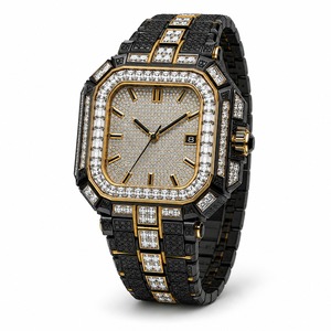 Luxury Men's Square Diamond <b>Watch</b> Analog Quartz Stainless Steel Band <b>Black</b> Gold Tone - Product Image 5