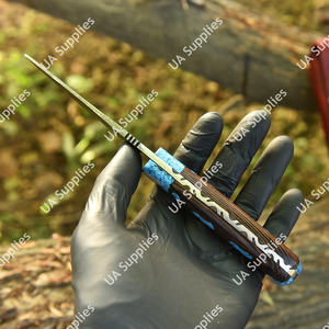 มีดเหล็กดามัสกัสคุณภาพสูง ใบมีดแบบดรอปพอยต์ ด้ามจับไมคาร์ต้า G10 เกรดอุตสาหกรรม สำหรับงานตัดหนัง ตั้งแคมป์ ล่าสัตว์ และกิจกรรมกลางแจ้ง รับผลิตแบบ OEM - Product Image 5