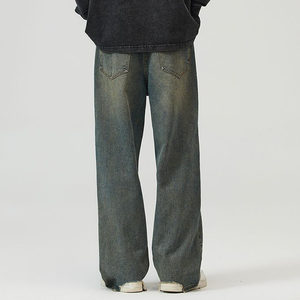Jeans baggy droits personnalisés pour hommes, style streetwear, en denim de coton délavé foncé, effet usé, vintage et tendance - Product Image 5
