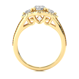 Bague de fiançailles en or jaune 14K 18K avec trois diamants de laboratoire de 1,03 ct, certifiée IGI, EF VVS, double rangée pavée, halo sur l'anneau - Product Image 5