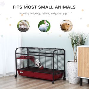 Cage pour petits animaux de 41 pouces pour lapins, cochons d'Inde, furets - Rouge/Noir, maisonnette pour animaux de compagnie avec roulettes, plateforme et rampe pour petits animaux - Product Image 5