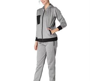 Women Gray Full <b>Zip</b> <b>Hooded</b> Tracksuit Set Long Sleeve Solid Color Casual Sporty Style With Side Pockets Polyester Material - Product Image 5