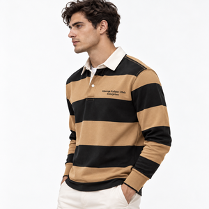 <b>Men's</b> Green and <b>White</b> Striped <b>Long</b> <b>Sleeve</b> Rugby Jersey Polo <b>Shirt</b> with Button Placket Green <b>white</b> striped rugby jersey <b>Long</b> - Product Image 2