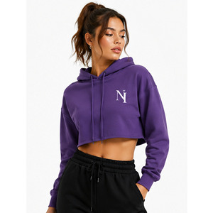 Sweat à capuche court pour femme, violet uni, à manches longues, avec lettres brodées, décontracté, pour l'automne, en polaire respirante - Product Image 5