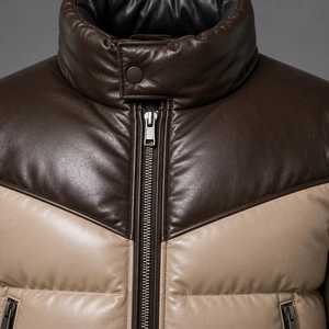 Blouson matelassé en cuir pour homme, marron beige, hiver, style bomber, fermeture éclair, chaud, streetwear, mode motard - Product Image 4
