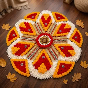 Décoration florale traditionnelle faite à la main Rangoli Rouge Jaune Blanc pour Entrée Intérieure Décoration de la maison Diwali Support au sol en fibres végétales - Product Image 5