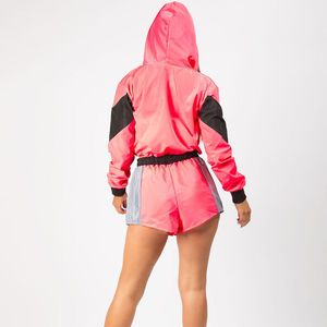 Conjunto de 2 piezas de chándal de algodón liso para mujer, personalizado, de invierno, cortavientos, con ribetes reflectantes, sudadera, cinturón de malla con encaje y borlas rasgadas - Product Image 4