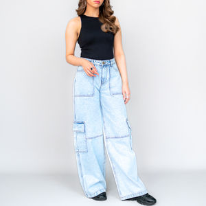 Pantalones Cargo de Mezclilla para Mujer, Estilo Casual, con Bolsillos Grandes, Pierna Recta, Técnica Lavada, para Verano, Servicio OEM - Product Image 3