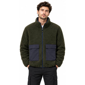 <b>Men's</b> Olive Green Fleece <b>Jacket</b> Stand Collar Zipper Front Pockets Casual Autumn Wear <b>Sherpa</b> Fleece <b>Jackets</b> - Product Image 2