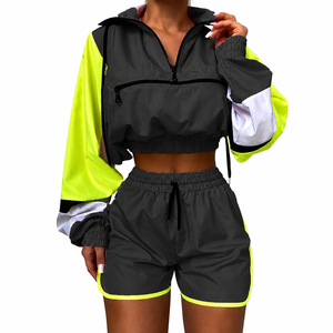 Women's Purple Neon Yellow Color Block Half-Zip Crop <b>Jacket</b> With Shorts Set Lightweight Loose Fit All Seasons Sportswear - Product Image 6