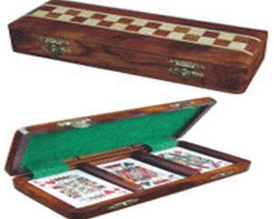 Lowellcraft Handmade Solid Wood Eco-Friendly Card Box Inlaid Checkerboard Design Green Felt Interior Polished Finish Rectangle - Product Image 1