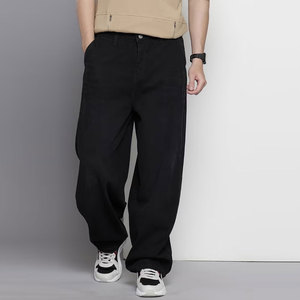 Pantalon en toile de coton noir pour homme, coupe large, taille élastique, décontracté, mi-saison, avec poches latérales - Product Image 1