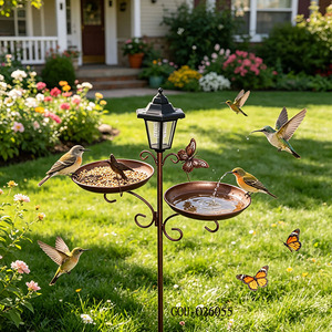 Support de bain pour oiseaux en métal vintage, station d'alimentation et d'abreuvement extérieure pour jardin, mangeoire solaire pour oiseaux et lanterne de jardin - Product Image 3