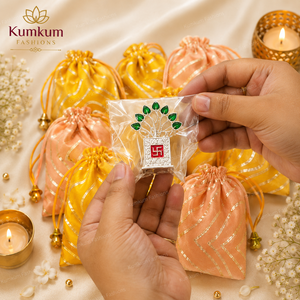 Silk Potli <b>Gift</b> Bag German Silver Tulsi Kamdhenu Cow Calf Lakshmi Set Handcrafted Eco Friendly Wedding Return <b>Gifts</b> Festive - Product Image 3