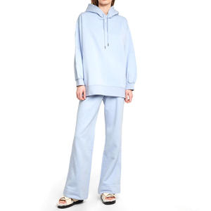 Women Light Blue Hooded <b>Tracksuit</b> Set Casual Full Sleeve Solid Color Cotton Loose Fit Sweatshirt And Joggers Spring Wear - Product Image 1