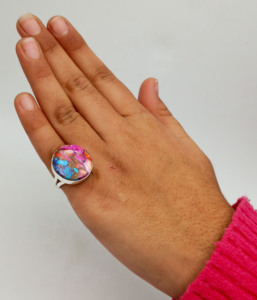 Bague bohème ronde en coquille d'huître rose, argent sterling 925, bijoux faits à la main - Product Image 2