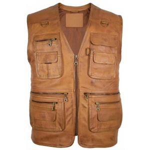 Chaleco Utilitario de Cuero Desgastado Color Bronceado para Hombre, Chaleco de Cuero Vacuno Vintage con Múltiples Bolsillos, Estilo Motero y de Viaje - Product Image 1