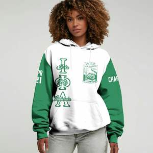 Sweat-shirt à capuche Iota Phi Lambda Sorority, corps blanc, manches vert émeraude, sweat-shirt personnalisé chapitre 1929 pour femmes - Product Image 1