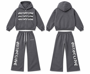 Gray 2 Piece Tracksuit Set Unisex Hooded Zip Up Hoodie Loose Wide Leg <b>Sweatpants</b> Letter Print High Street Outfit - Product Image 1