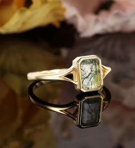 <b>Emerald</b> Cut Moss Agate Sterling <b>Silver</b> Vintage Engagement <b>Ring</b> Unique Bridal Promise <b>Ring</b> Handmade Wedding Jewelry Luxury Party - Product Image 3