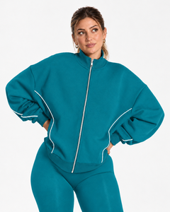 <b>Women</b> Contrastline Zipper Tracksuit Casual Two Piece Set Relaxed Fit <b>Jacket</b> And Wide Leg Pants Matching Outfit Wholesale Apparel - Product Image 3