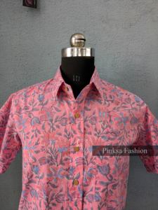 Chemise boutonnée à manches courtes pour homme, personnalisée OEM, imprimé floral rose, 100% coton, imprimé en bloc, haut d'été - Product Image 6