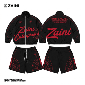 ZAINI Premium 130 GSM Polyester Taslon Men Windbreaker Short <b>Set</b> Black Red Piping Custom Screen Print Logo Quick Dry Hooded - Product Image 1