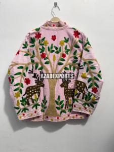 Pink Hand Embroidered <b>Sheep</b> <b>Skin</b> Velvet Breathable Mandarin Collar Full Sleeve Winter Women's <b>Jacket</b> - Product Image 4