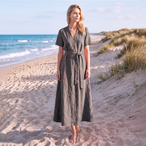 Vestido Casual Midi de Algodón 100% Hecho a Mano con Lazo, Cuello en V, Manga Campana, Corte A, Vintage, Transpirable, Cintura Alta y Teñido Liso - Precio Mayorista - Product Image 1