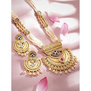 Parure de bijoux plaqué or 24 carats en alliage, motif floral ethnique orthodoxe, collier et boucles d'oreilles, imitation perle et zircon, pour femme, mode mariage - Product Image 1