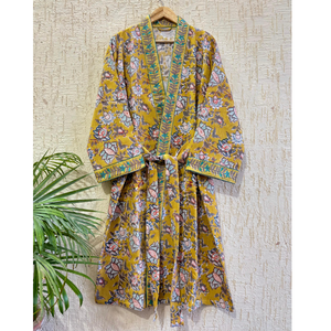 Peignoir de luxe en coton gaufré compressé, fait main, imprimé floral, séchage rapide, écologique, idéal pour le spa, la maison et les voyages - Product Image 1