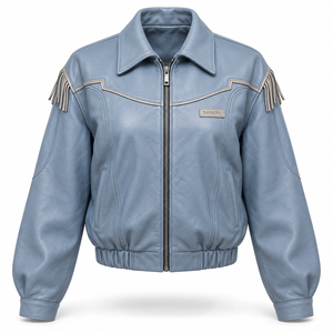 Blouson en cuir véritable bleu ciel pour femme avec franges aux épaules, taille élastique et fermeture éclair – Fabrication sur mesure - Product Image 1