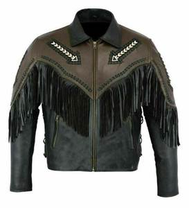 Veste en cuir véritable pour homme avec franges et détails brodés, col rabattu, fermeture éclair, style moto, vêtement d'automne - Product Image 2