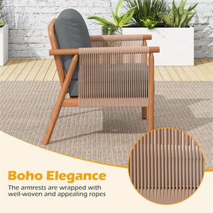 Sedia da Patio in Legno di Acacia Grigia Stile Boho con Braccioli in Corda Intrecciata e Seduta Imbottita per Portico e Balcone - Product Image 5