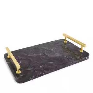 Dark Textured Decorative Serving Tray with Gold Handles Wooden <b>Coffee</b> <b>Table</b> Tray Luxury Serving Platter Home Decor Gift - Product Image 1