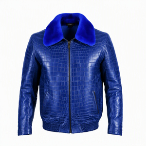 <b>Men's</b> Embossed PU Leather <b>Bomber</b> <b>Jacket</b> With Faux Fur Collar Zipper Closure Moto Biker Style Winter Coat - Product Image 1