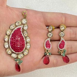 Kundan <b>Ruby</b> Teardrop Pendant Set Indian Gold Plated Wedding Bridal <b>Necklace</b> and Earrings Jewelry Gift Trendy - Product Image 2