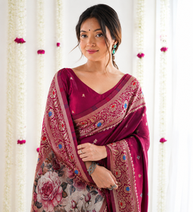 Sari de Seda con Estampado Digital Morado y Borde Floral para Mujer, Ropa de Boda Tradicional India, Protección Solar para Todas las Estaciones - Product Image 2