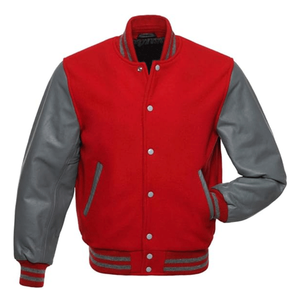 Chaqueta Bomber Varsity de Invierno para Hombre, Formal, de Lana Roja y Piel de Oveja Gris - Product Image 1