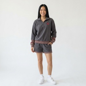 Sudadera navideña de media cremallera para mujer con pantalones cortos a juego, detalles festivos bordados, conjunto casual de dos piezas para invierno - Product Image 5