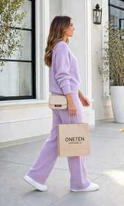 Ensemble de survêtement en tricot lilas pour femmes, col roulé, manches longues, coupe ample, survêtement de détente 2 en 1 - Product Image 5