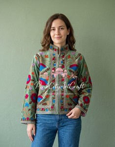 Premium Handcrafted Breathable <b>Quilted</b> Sage Green Velvet Kashmiri Crewel Full-Sleeve Embroidered Jacket <b>for</b> Women - Product Image 4